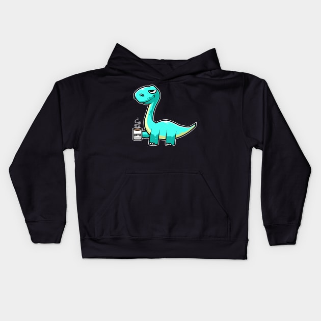 Cute Dinosaur Drinking Coffee Kawaii Neko Anime graphic Kids Hoodie by theodoros20